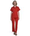 Halston Womens Compression Short Sleeve Polo Top Low Rise Straight Leg Hardware Pants In Red