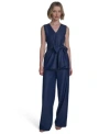 Halston Womens Denim Like Tie Waist Sleeveless Top Mid Rise Wide Leg Pants