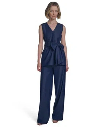 Halston Womens Denim Like Tie Waist Sleeveless Top Mid Rise Wide Leg Pants