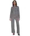Halston Womens Geo Print Patch Pocket Shirt High Rise Wide Leg Pull On Pants In Pristine,black