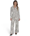 Halston Womens Printed Button Front Shirt Printed High Rise Wide Leg Pants