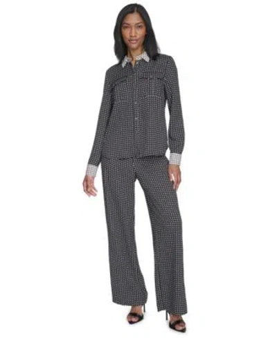 Halston Womens Printed Patch Pocket Shirt Pull On Pants In Black,pristine