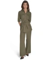 Halston Womens Soft Suiting Belted Utility Shirt Soft Suiting Wide Leg Pull On Pants In Green