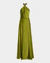 Halston Wynn Bow-back Charmeuse Halter Gown In Moss Green