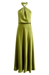 Halston Wynn Bow-back Charmeuse Halter Gown In Moss Green
