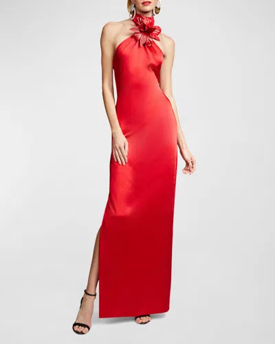 Halston Yulia Draped Satin Halter Gown In Pinotage