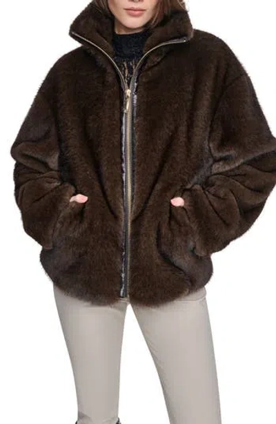 Halston Zip Front Faux Fur Jacket In Brown