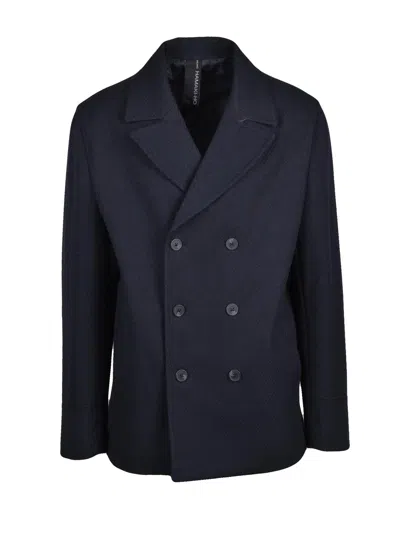 Hamaki-ho Double-breasted Navy Peacoat With Textured Fabric Blend In Blue