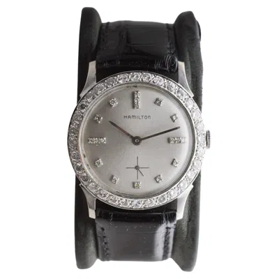 Pre-owned Hamilton 14kt White Gold Dress Watch With Original Diamond Bezel 1950's