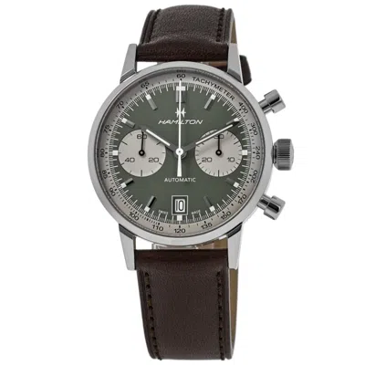 Hamilton American Classic Intra-matic Auto Chronograph Green Dial Leather Strap Men's Watch H38416560 In Silver