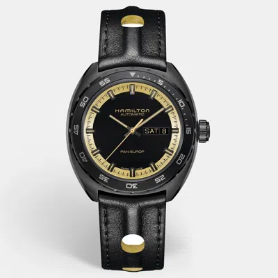 Pre-owned Hamilton American Classic Pan Europ H35425730 Black Dial Pvd Coated Stainless Steel Leather Men's Wristwatch 