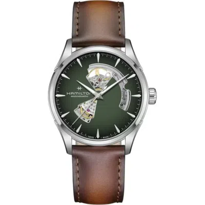 Hamilton Jazzmaster Open Heart Automatic Green Dial Leather Strap Men's Watch H32705560 In Brown