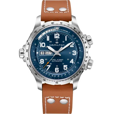 Pre-owned Hamilton Khaki Aviation Blue Men's Watch With Brown Leather Band H77765541