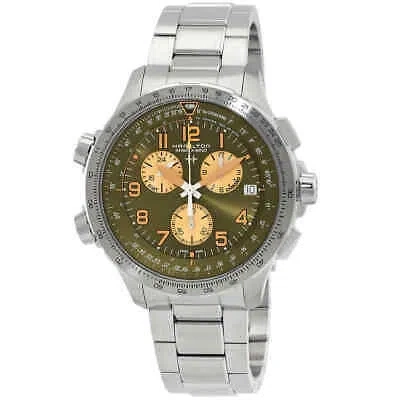 Pre-owned Hamilton Khaki Aviation Chronograph Gmt Quartz Green Dial Men's Watch H77932160