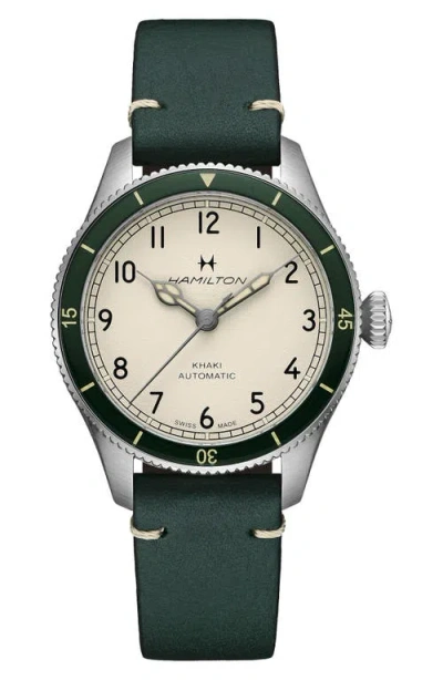 Hamilton Khaki Aviation Leather Strap Watch, 38mm In Green