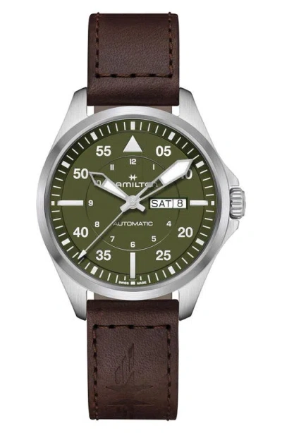 Hamilton Khaki Aviation Leather Strap Watch, 42mm In Green