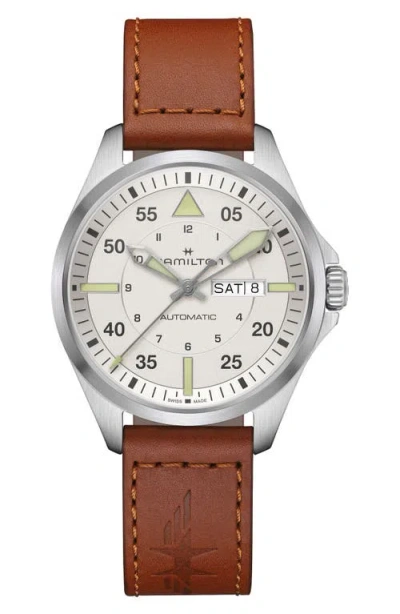 Hamilton Khaki Aviation Pilot Automatic Leather Strap Watch, 20mm In Silver