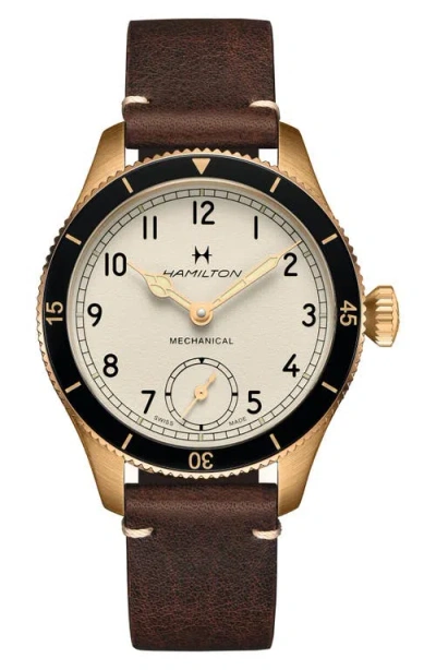Hamilton Khaki Aviation Pilot Pioneer Bronze Leather Strap Watch, 43mm In Gold