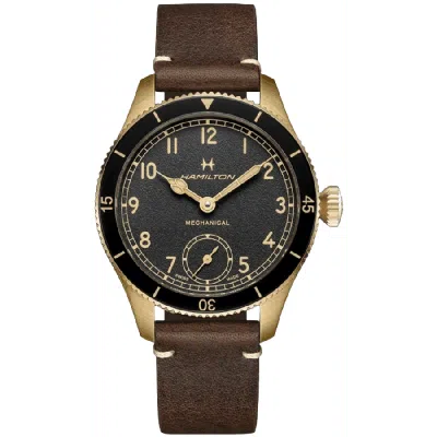 HAMILTON KHAKI AVIATION PILOT PIONEER MECHANICAL BLACK DIAL BRONZE BROWN LEATHER STRAP MEN'S WATCH H76709530