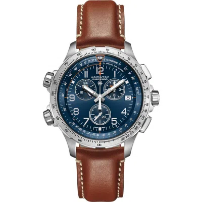 Hamilton Khaki Aviation X-wind Chronograph Gmt Leather Strap Watch, 46mm In Brown/blue/silver