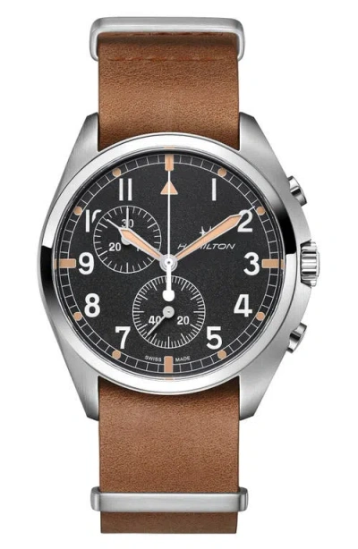 Hamilton Khaki Aviator Pilot Pioneer Chronograph Leather Strap Watch, 41mm In Brown