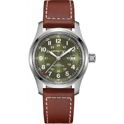 Hamilton Khaki Field Auto 42mm Green Dial Leather Strap Men's Watch H70605560 In Brown