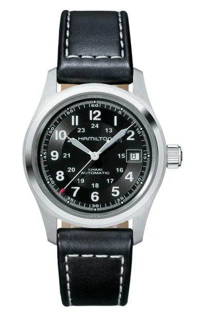 Hamilton Khaki Field Automatic Leather Strap Watch, 38mm In Black/silver