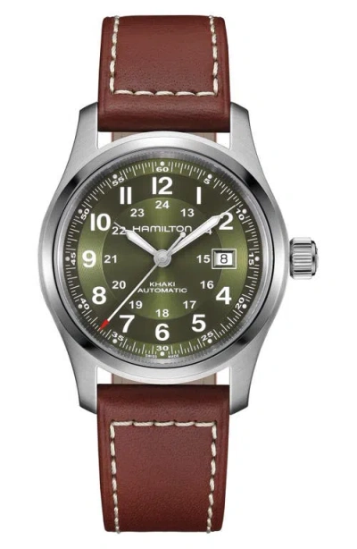 Hamilton Khaki Field Automatic Leather Strap Watch, 42mm In Green