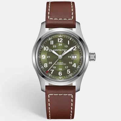 Pre-owned Hamilton Khaki Field H70605560 Green Dial Stainless Steel Leather Women's Wristwatch 42mm