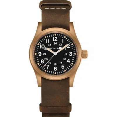 Hamilton Men's Swiss Mechanical Khaki Field Brown Leather Strap Watch 38mm In Black