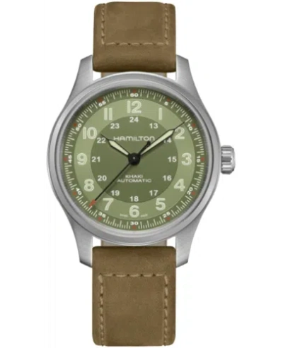 Pre-owned Hamilton Khaki Field Titanium Auto Green Dial Black Men's Watch H70545560