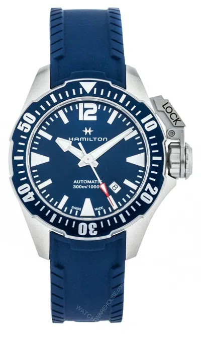 Pre-owned Hamilton Khaki Navy Frogman 42mm Auto Ss Blue Rubber Watch H77705345