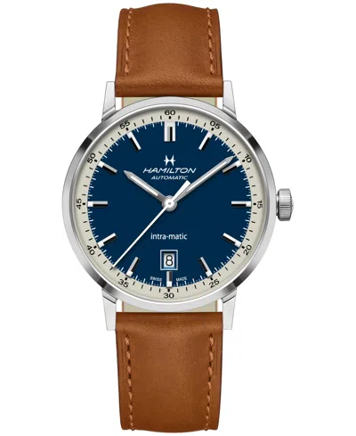 Hamilton Men's Swiss Automatic Intra-matic Brown Leather Strap Watch 40mm In Blue