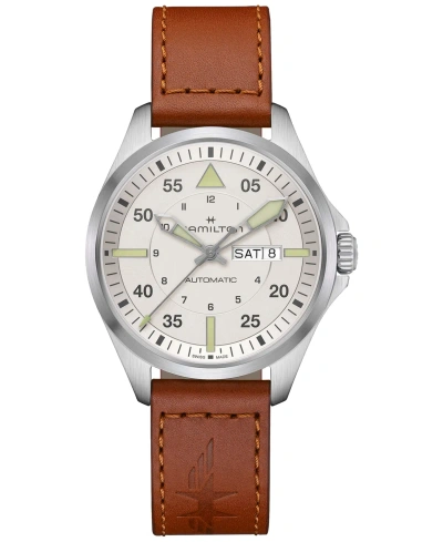 Hamilton Men's Swiss Automatic Khaki Aviation Day Date Brown Leather Strap Watch 42mm