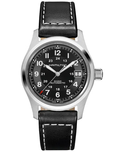HAMILTON MEN'S SWISS AUTOMATIC KHAKI FIELD BLACK LEATHER STRAP WATCH 38MM
