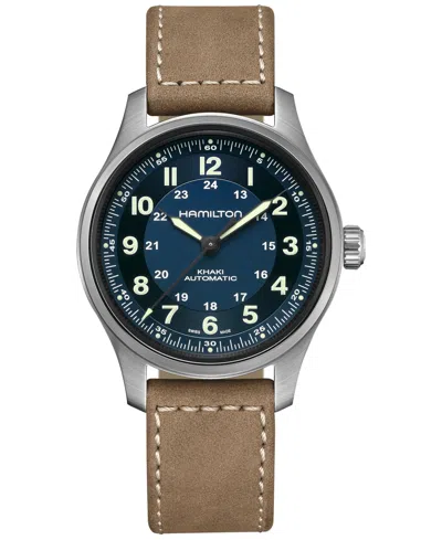 Hamilton Men's Swiss Automatic Khaki Field Brown Leather Strap Watch 42mm In Blue