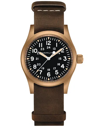 Hamilton Men's Swiss Mechanical Khaki Field Brown Leather Strap Watch 38mm In Black