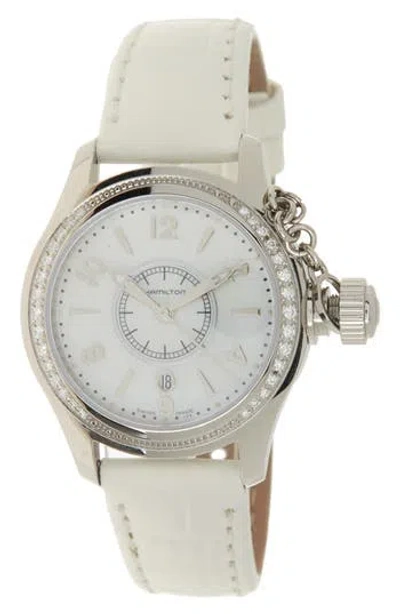 Hamilton Seaqueen Diamond Mother-of-pearl Croc-embossed Leather Strap Watch, 32mm In Metallic
