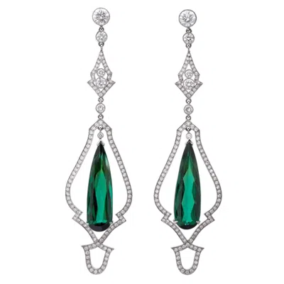Pre-owned Hamilton Stunning Green Tourmaline And Diamond Platinum Drop Earrings-retail 28, 500