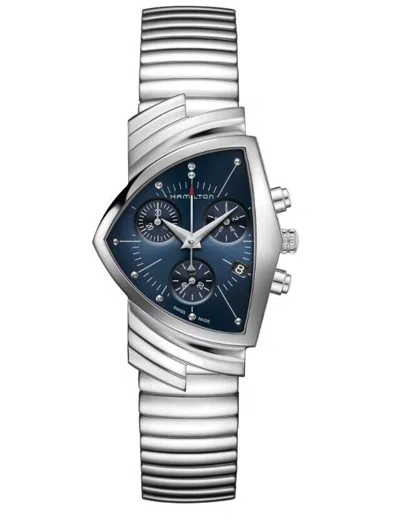 Pre-owned Hamilton Ventura Chrono Quartz Blue Dial Stainless Steel Men's Watch H24432141