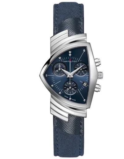 Pre-owned Hamilton Ventura Chrono Quartz Blue Dial/alcantara Strap Men's Watch H24432941