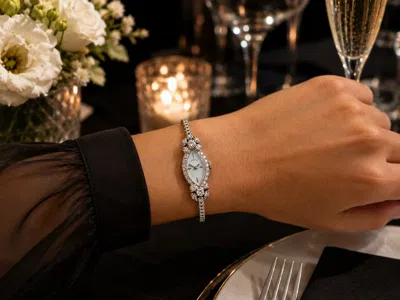 Pre-owned Hamilton Vintage Mid Century Fancy  White Gold & Diamond Marquise Watch Bracelet