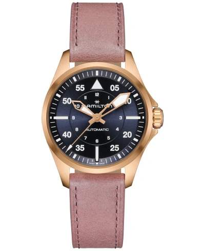 Hamilton Khaki Aviation Pilot Auto Blue Dial Rose Gold Steel Leather Strap Women's Watch H76245840 In Pink