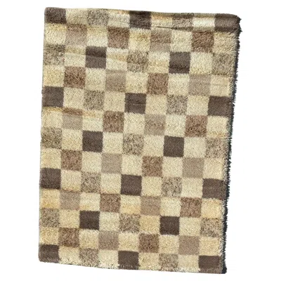 Pre-owned Hammer 60's , Cream Checkered, Unused, Wool, Danish Rya Rug, Mid Century Modern In White