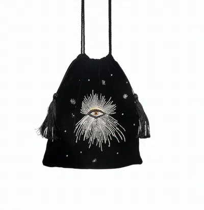 Hamoulet Black Velvet Drawstring Bag With Intricate Silver Embroidery