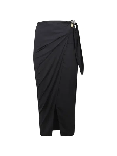 Hamoulet Black Midi Pareo Skirt With Decorative Ring And Gathered Detailing