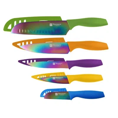 Hampton Forge  Tomodachi Titanium - 10 Piece Knife Set With 5 Matching Blade Guards In Blue;green;yellow;orange;purple