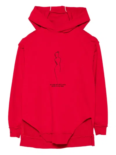 Hamza Fragile Graphic-print Frayed-hem Hoodie In Red