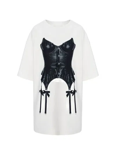 Hamza Kyoto Corset Printed Dress In White