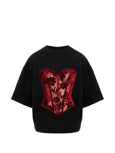 Hamza Lace-print Corset-style T-shirt In Black
